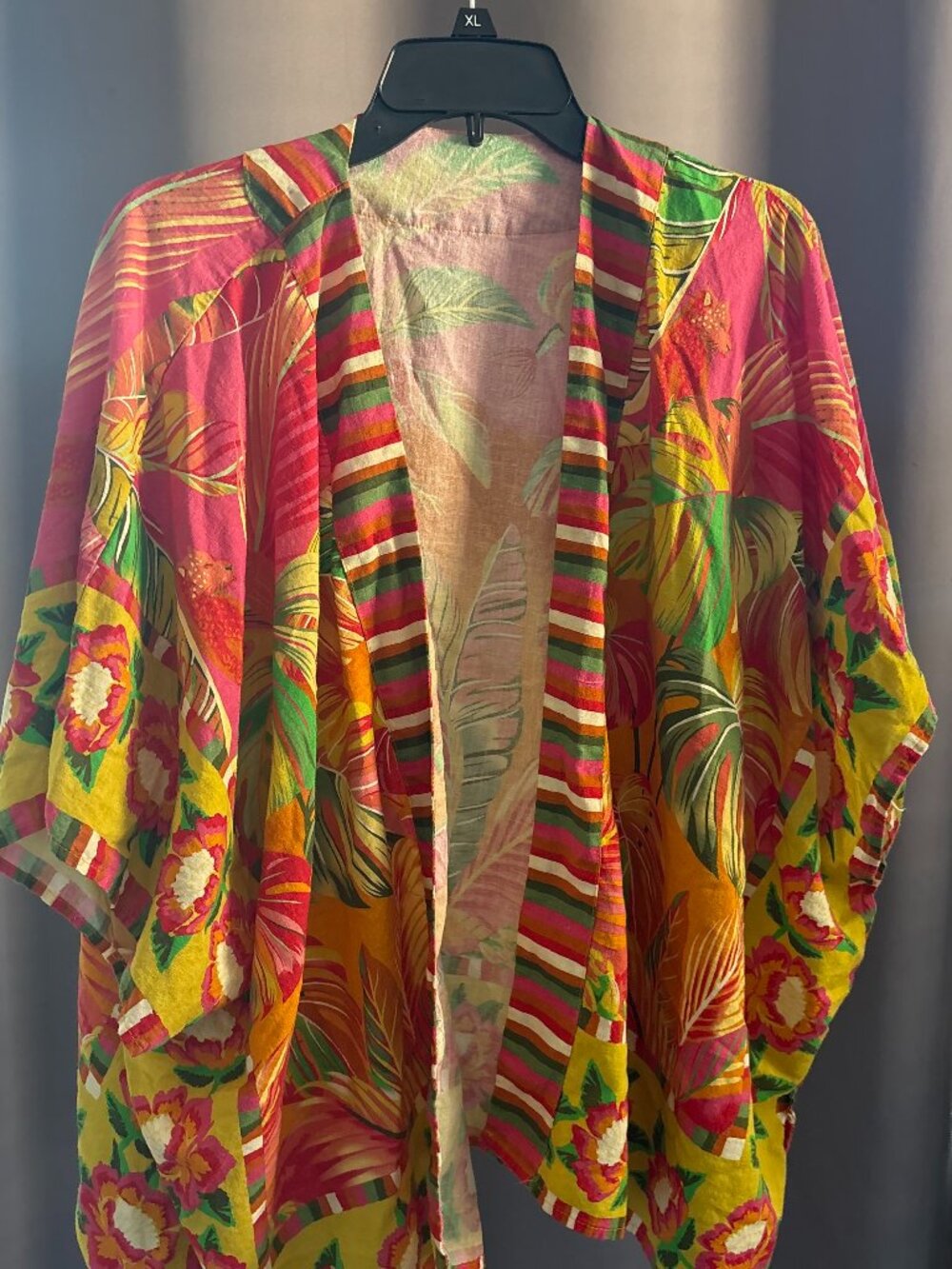Boho Tropical Palm Monstera Leaf Linen Blend Open Kimono Duster Wrap OS Plus